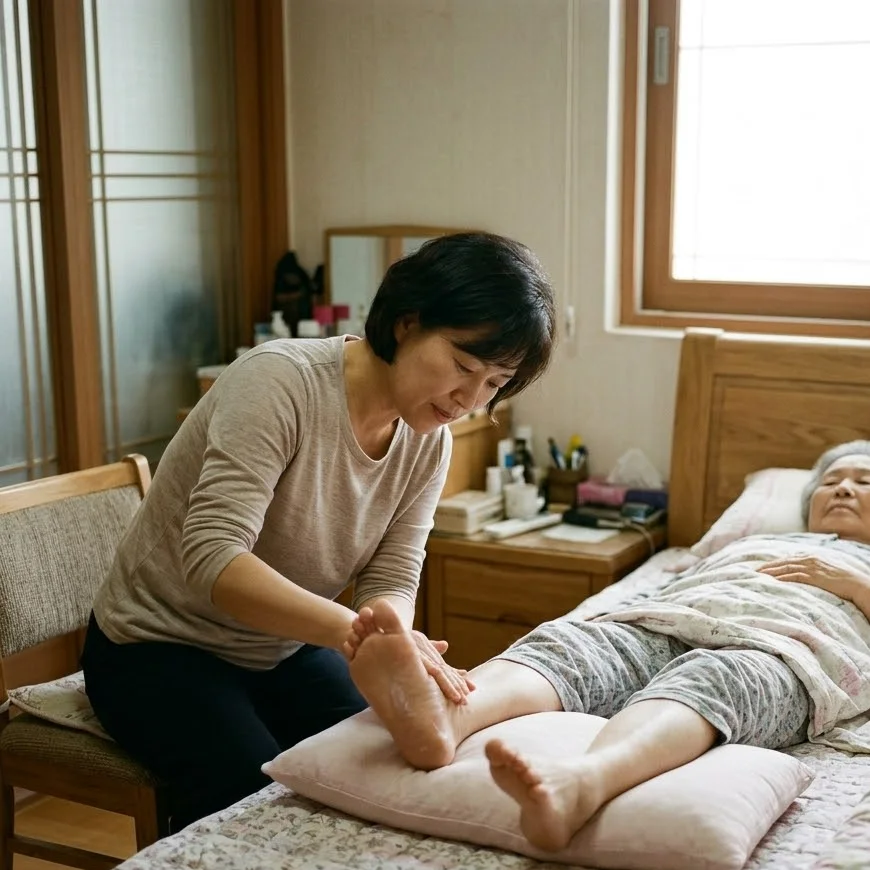 와상 환자의 욕창 예방을 위한 30도 기울이기 체위변경과 피부 습기 관리 방법 일러스트
