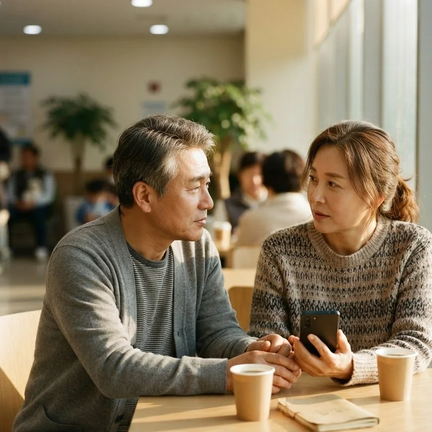 병원 휴게 공간 창가 테이블에서 부부가 간병 방식을 상의하는 모습
