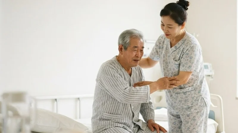 병상에 앉은 어르신 환자를 간병인이 부축하며 자세를 잡아 주는 모습