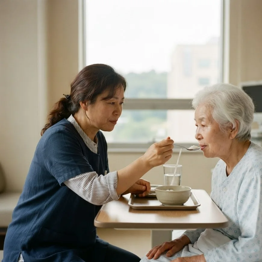간병인이 병실 탁자에서 노년 여성 환자에게 죽을 한 숟가락씩 떠 먹이는 모습