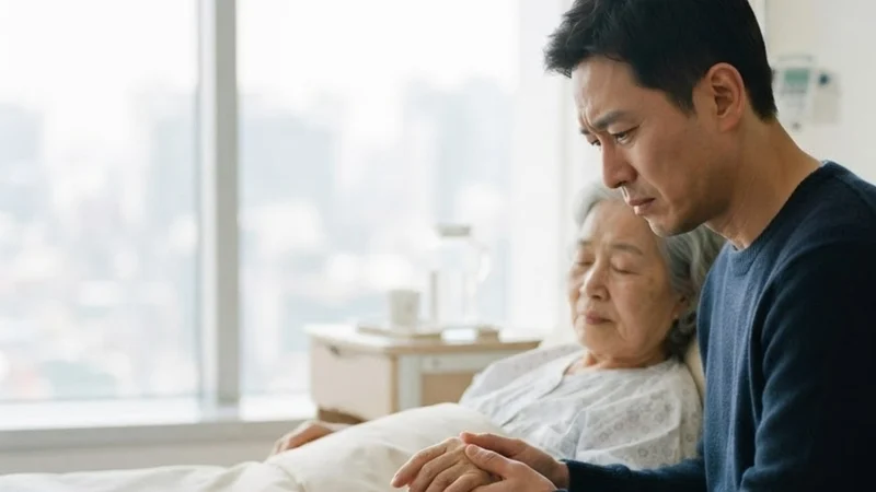 병실 침대 옆에서 아들이 입원한 노모의 손을 잡고 걱정스럽게 앉아 있는 모습