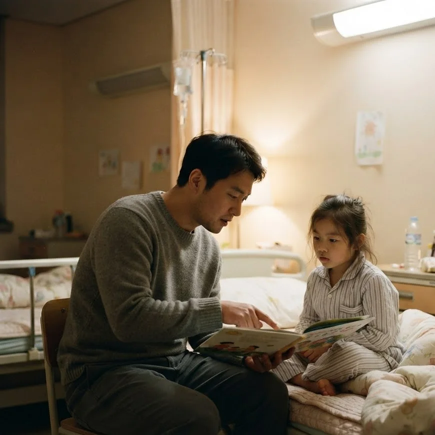 저녁 무렵 어린이 병실에서 침대에 앉은 딸에게 그림책을 읽어 주는 아빠