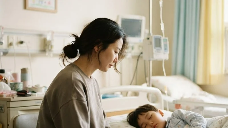 소아 병실에서 링거를 맞고 잠든 아들의 손을 잡고 곁을 지키는 엄마