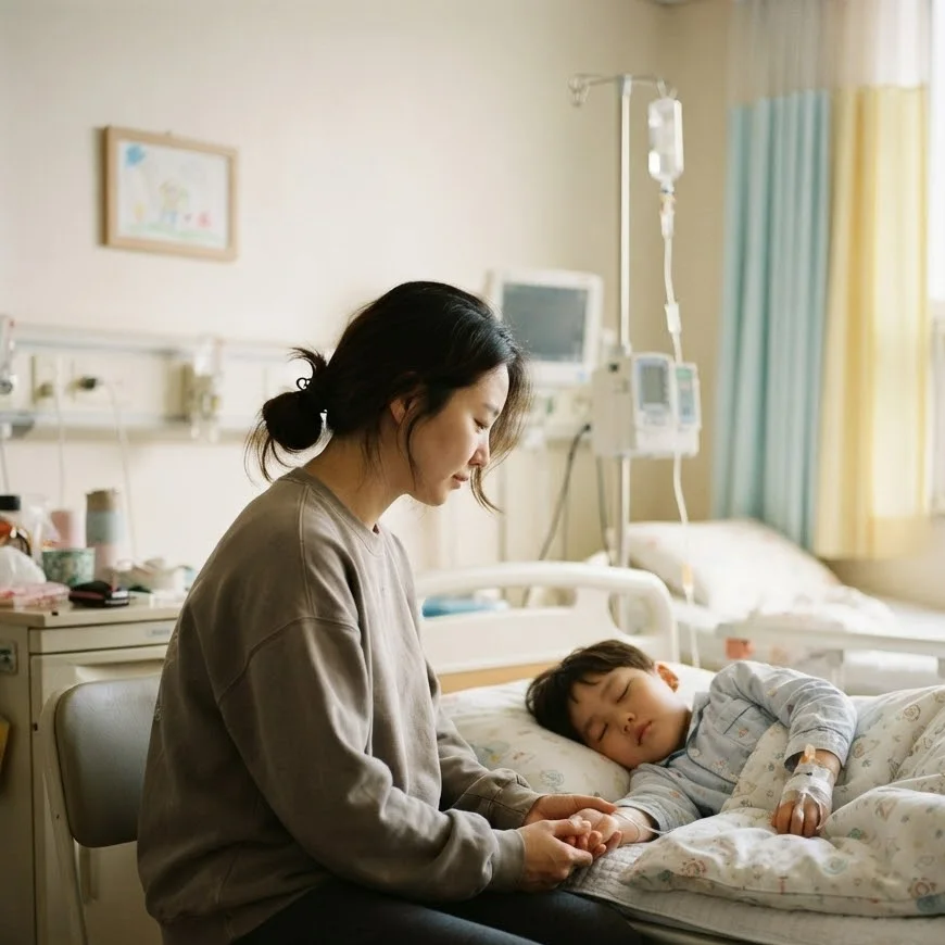 소아 병실에서 링거를 맞고 잠든 아들의 손을 잡고 곁을 지키는 엄마