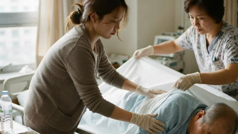 간병인과 딸이 시트를 이용해 체격이 큰 와상 노년 남성 환자를 옆으로 돌려 눕히는 모습