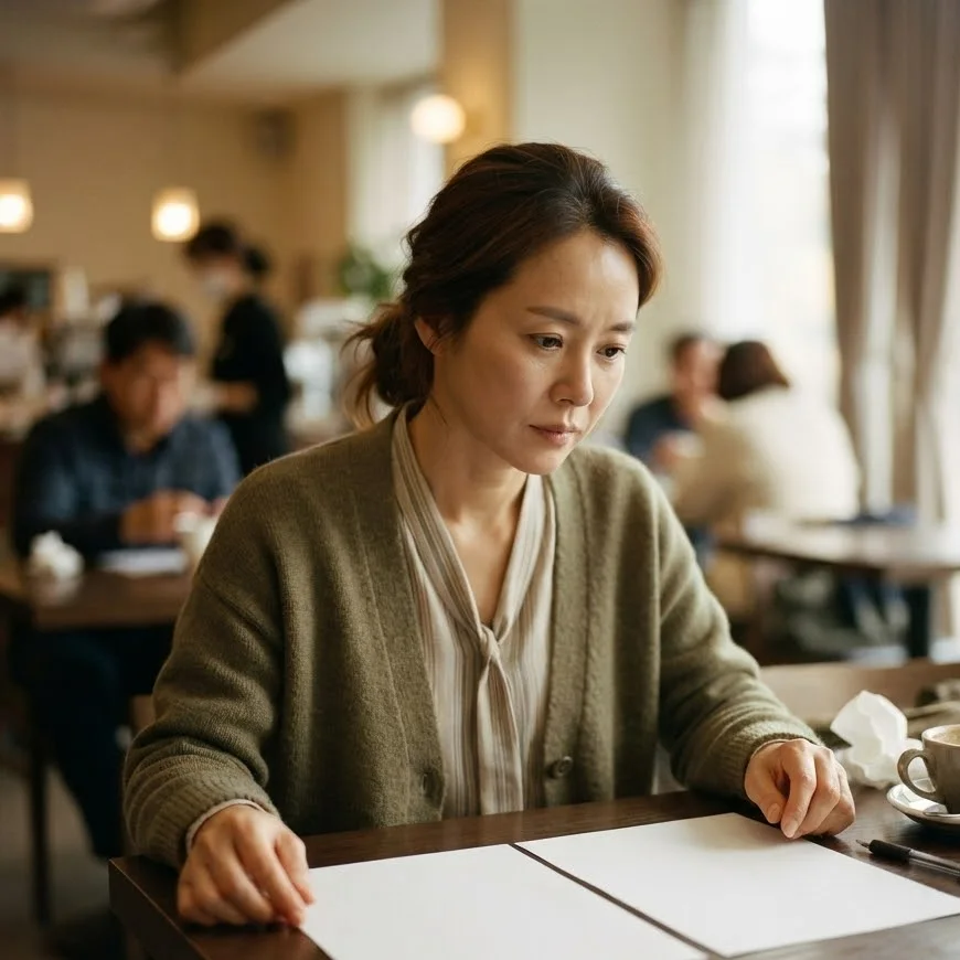 병원 카페에서 보호자가 두 장의 종이를 나란히 놓고 견적을 비교하며 고민하는 모습