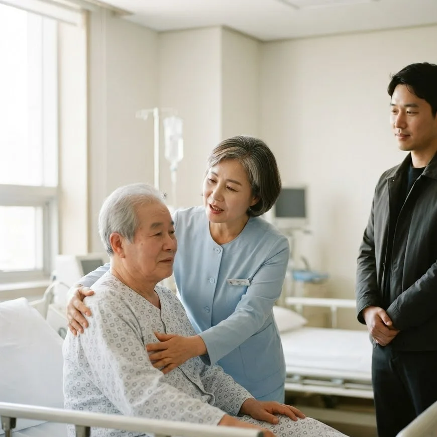 하늘색 근무복을 입은 간병인이 노년 남성 환자가 일어나 앉도록 돕고 아들이 곁에서 지켜보는 다인실 병실