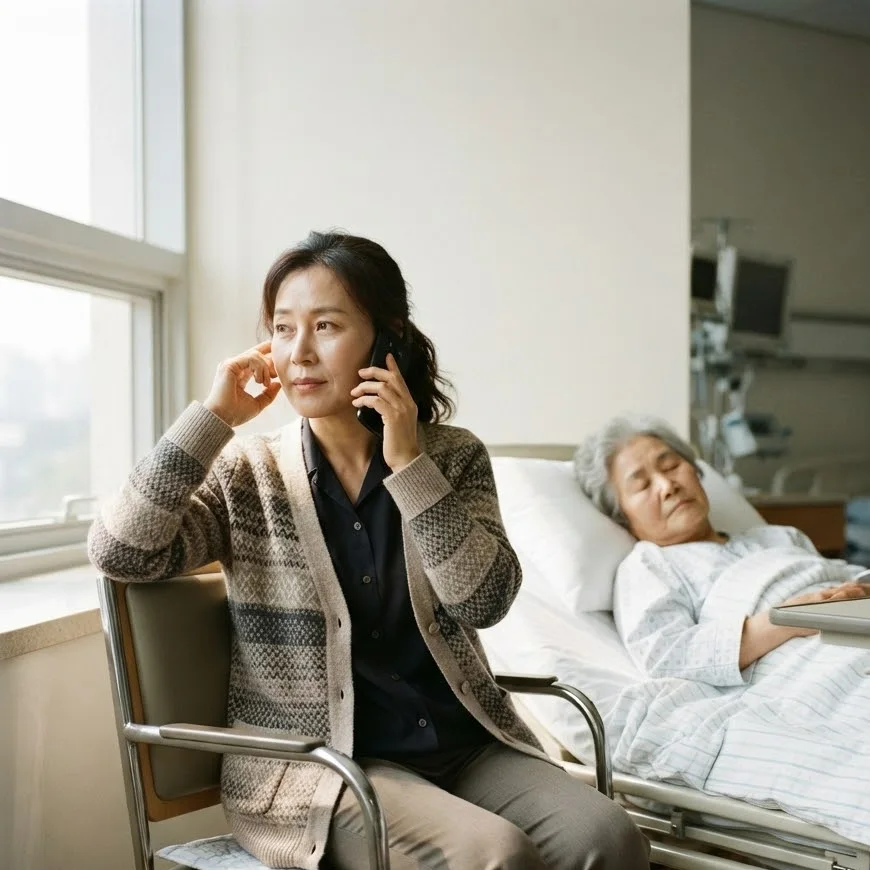 병실 침대 옆 의자에 앉아 간병인업체와 통화하는 딸과 침대에 누운 어머니