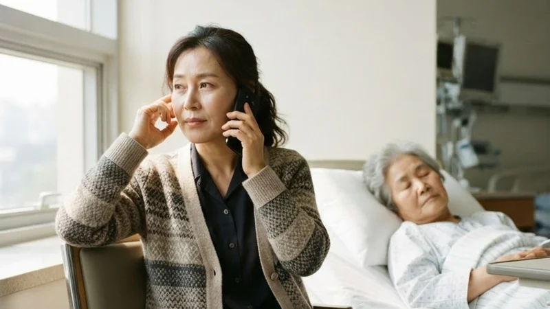 병실 침대 옆 의자에 앉아 간병인업체와 통화하는 딸과 침대에 누운 어머니