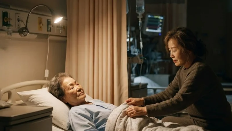 밤 병실에서 간병인이 수술 후 누워 있는 노년 여성 환자의 이불을 덮어 주는 모습