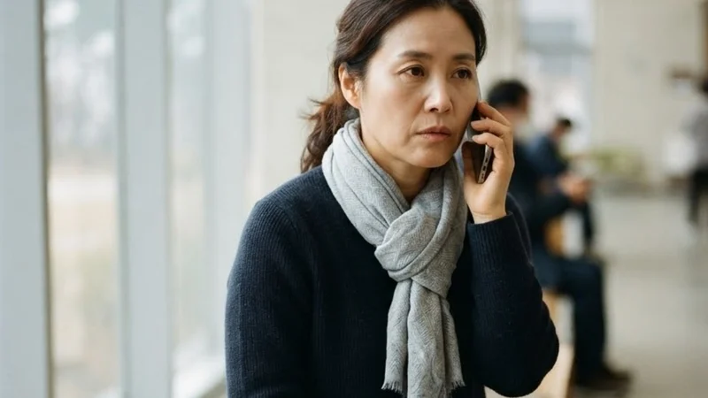 병원 로비 벤치에서 보호자가 메모장을 들고 간병인 상담 전화를 하는 모습