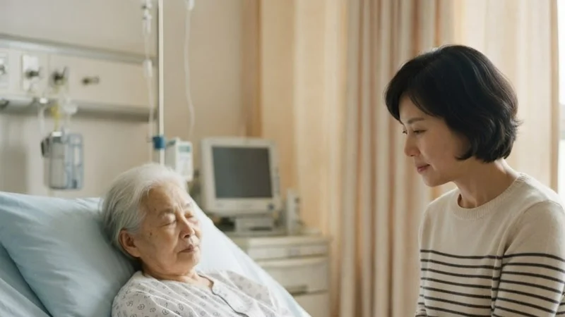 병실 침대에 누운 어머니의 손을 잡고 곁을 지키는 딸