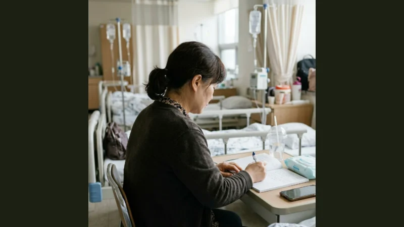 병실에서 간병일지를 작성하는 보호자 여성