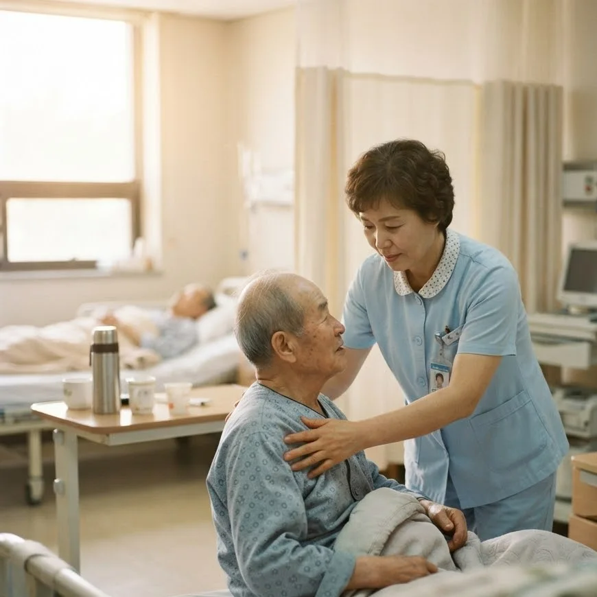 다인실 병실에서 고령 남성 환자가 일어나 앉도록 돕는 간병인