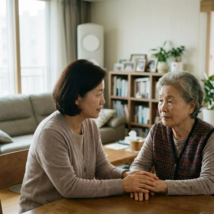 치매환자와 눈높이를 맞추어 대화하는 4가지 원칙과 감정 공감 방법 일러스트