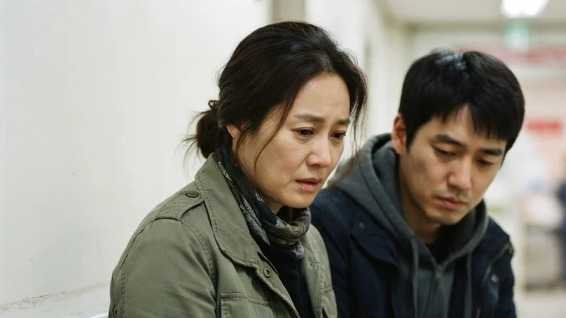 병원 복도 의자에 앉아 종이컵을 든 채 걱정하는 누나와 남동생