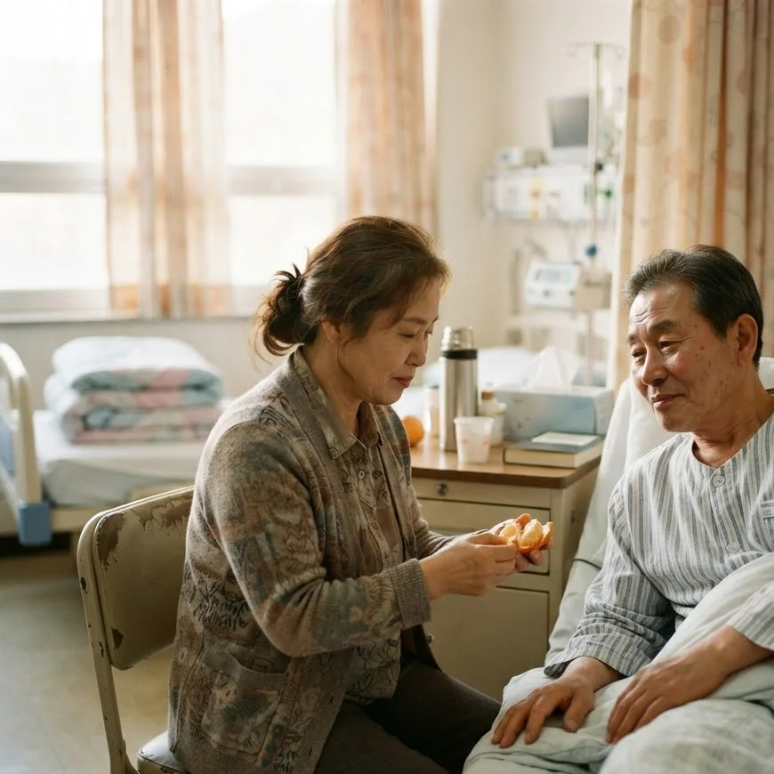 일반병실 침대에 앉은 남편 곁에서 아내가 귤을 까 주는 모습