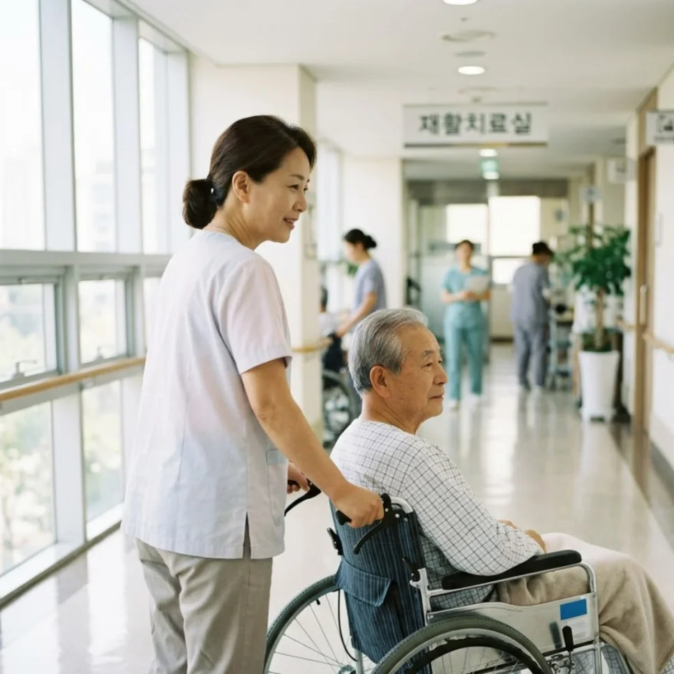 재활치료실 복도에서 휠체어에 앉은 어르신을 밀며 이동하는 간병인