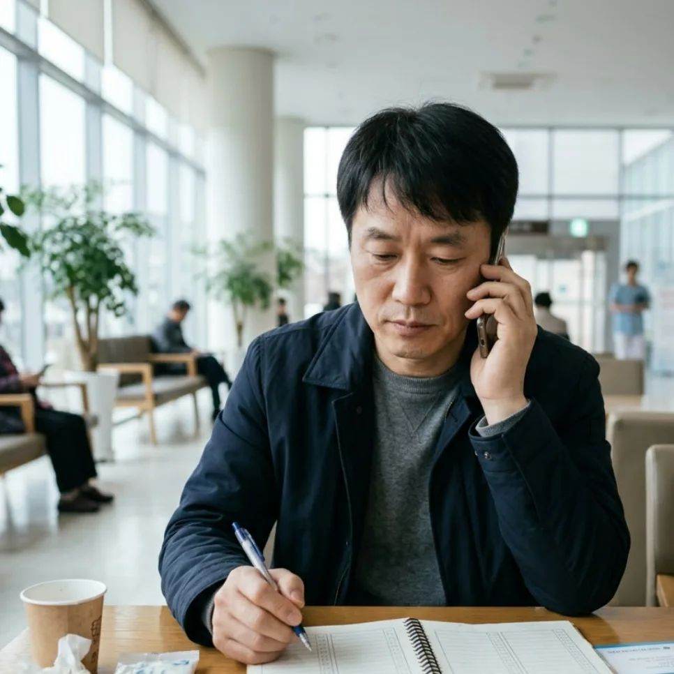 병원 로비에서 통화하며 수첩에 메모하는 보호자 남성