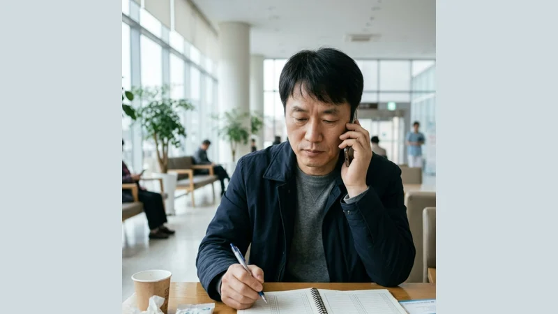 병원 로비에서 통화하며 수첩에 메모하는 보호자 남성