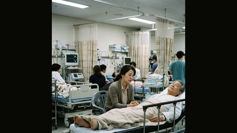 응급실 침대에 누운 아버지 곁에서 걱정스럽게 지켜보는 딸