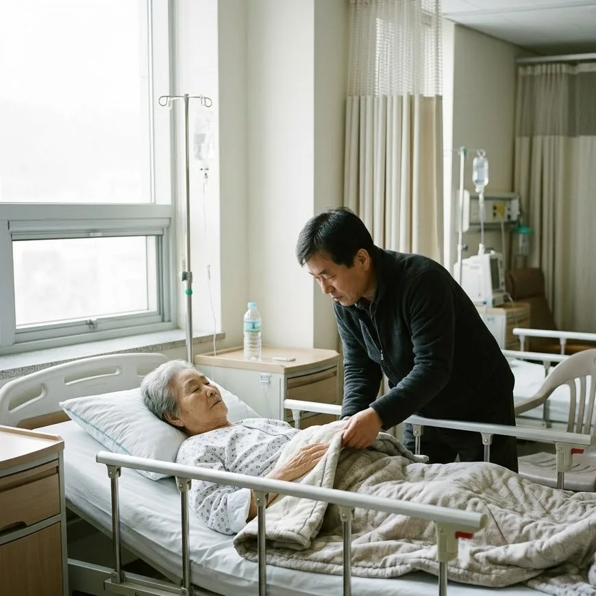 병동 입원실에서 어머니의 이불을 정리해 주는 아들