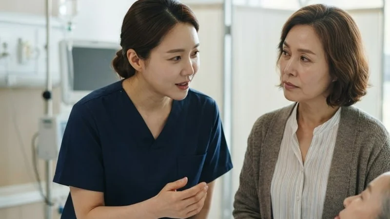 병상 곁에서 간호사가 간병인에게 환자 돌봄 주의 사항을 설명하는 모습