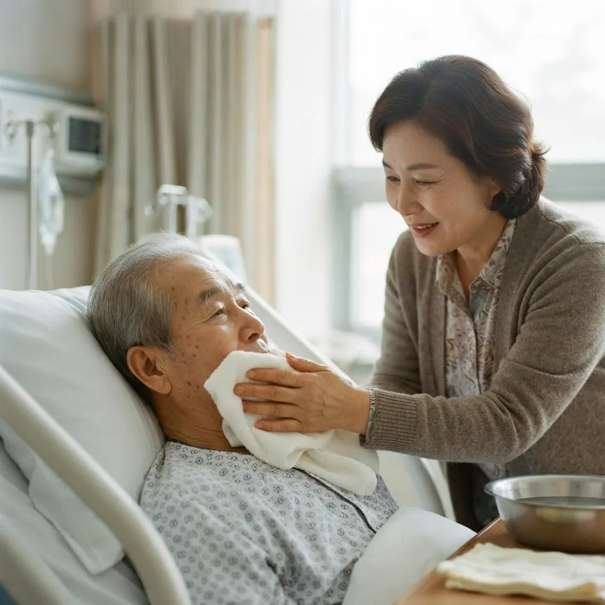 간병인이 와상 노년 남성 환자의 얼굴을 따뜻한 수건으로 닦아 주는 모습