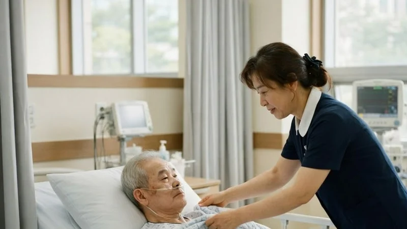 3인실 병실에서 간병인이 콧줄을 한 노년 남성 환자의 이불을 정리하는 모습