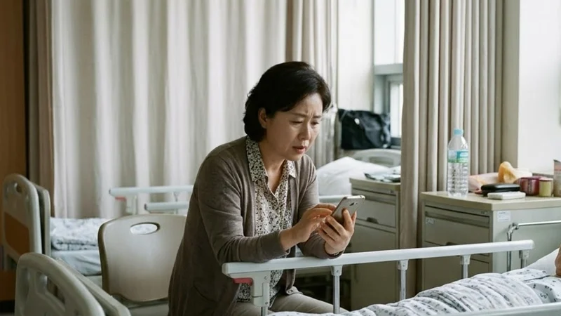입원한 어머니 곁에서 휴대전화로 보험 청구 결과를 확인하며 걱정하는 50대 딸