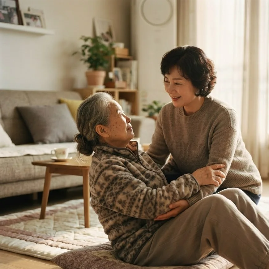 거실 바닥 방석에 앉은 어머니를 딸이 부축하며 마주 보고 웃는 모습