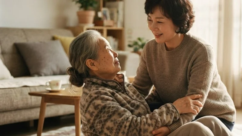거실 바닥 방석에 앉은 어머니를 딸이 부축하며 마주 보고 웃는 모습