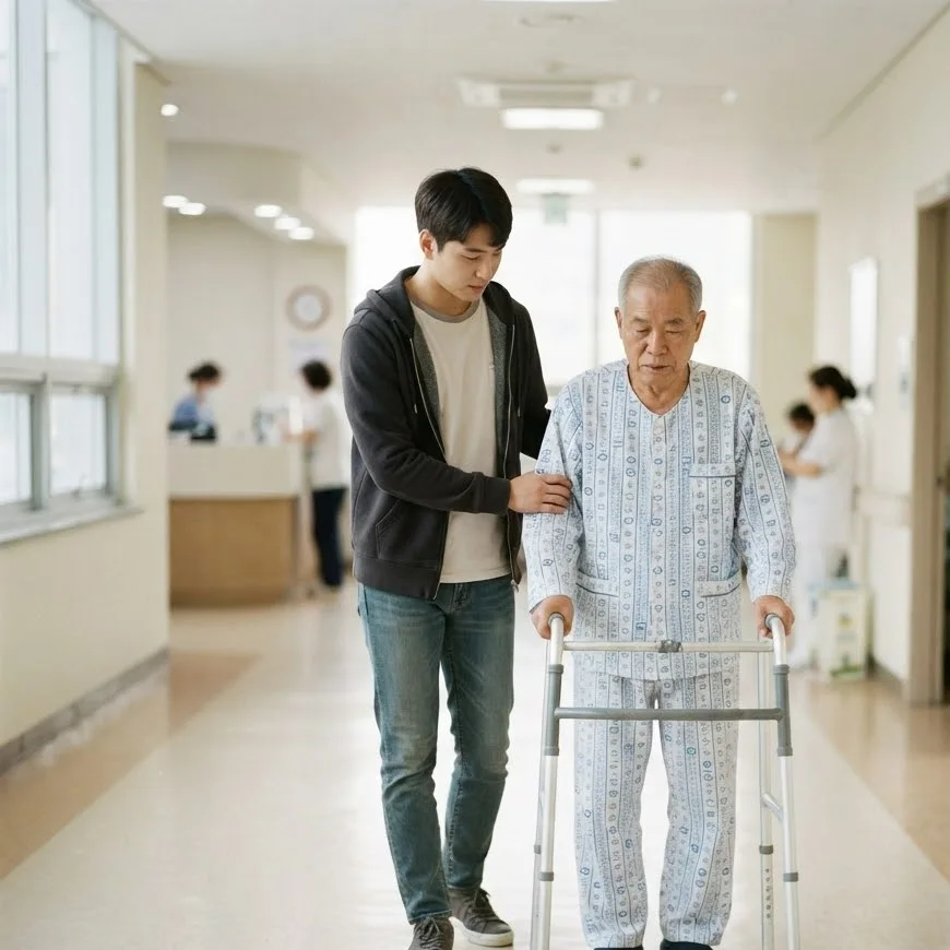 병원 복도에서 보행기를 짚은 할아버지의 등을 받쳐 주며 함께 걷는 손자