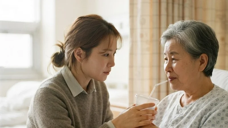병실에서 시어머니에게 빨대 꽂은 물컵을 건네는 며느리