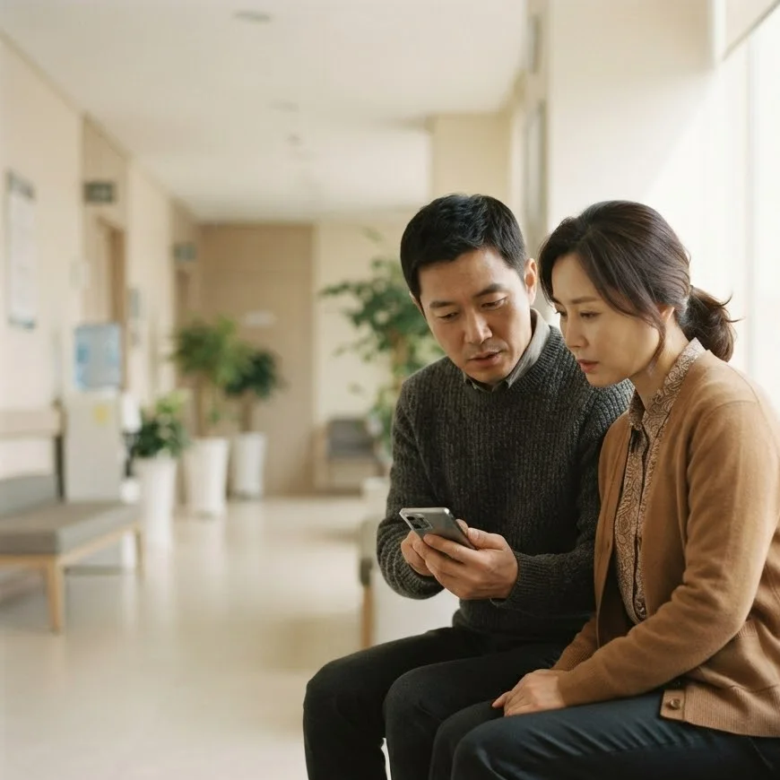 병원 복도 의자에 나란히 앉아 휴대전화를 보며 상의하는 중년 부부