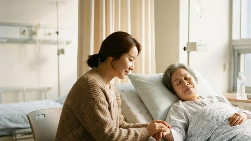 병실 침대 옆에 앉아 입원한 어머니의 손을 잡고 있는 딸