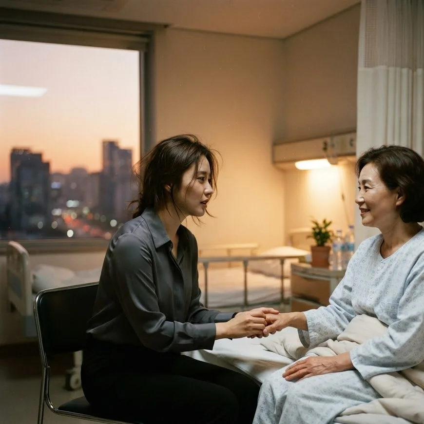 저녁 병실에서 정장 차림의 딸이 침대에 앉은 어머니의 손을 잡고 이야기하는 모습