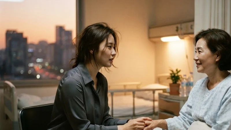 저녁 병실에서 정장 차림의 딸이 침대에 앉은 어머니의 손을 잡고 이야기하는 모습