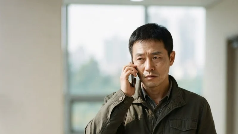 병원 복도 창가에서 간병인업체와 통화하며 보험 내용을 묻는 중년 아들