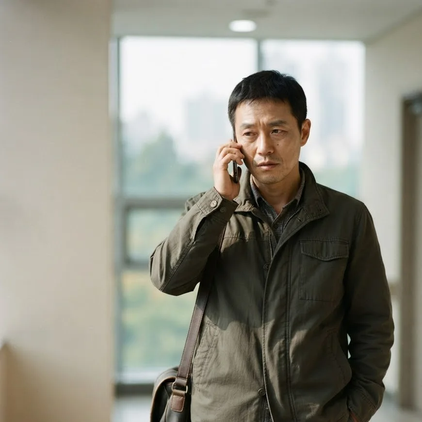 병원 복도 창가에서 간병인업체와 통화하며 보험 내용을 묻는 중년 아들