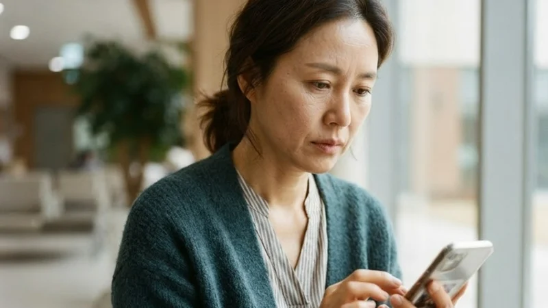 병원 휴게 공간에서 보호자가 휴대폰을 보며 간병인 교체를 고민하는 모습