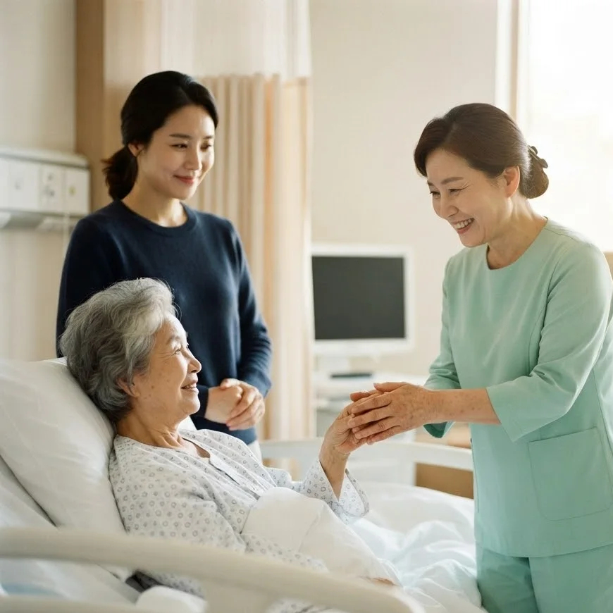 새로 온 간병인이 입원한 고령 여성 환자의 손을 잡고 인사하는 모습