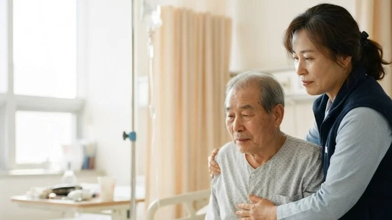 대학병원 다인실에서 간병인이 노년 남성 환자의 상체를 받쳐 침대에 앉도록 돕는 모습