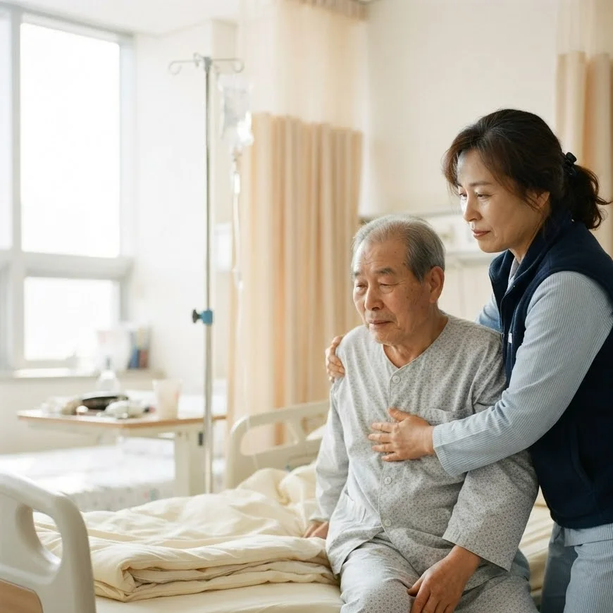 대학병원 다인실에서 간병인이 노년 남성 환자의 상체를 받쳐 침대에 앉도록 돕는 모습