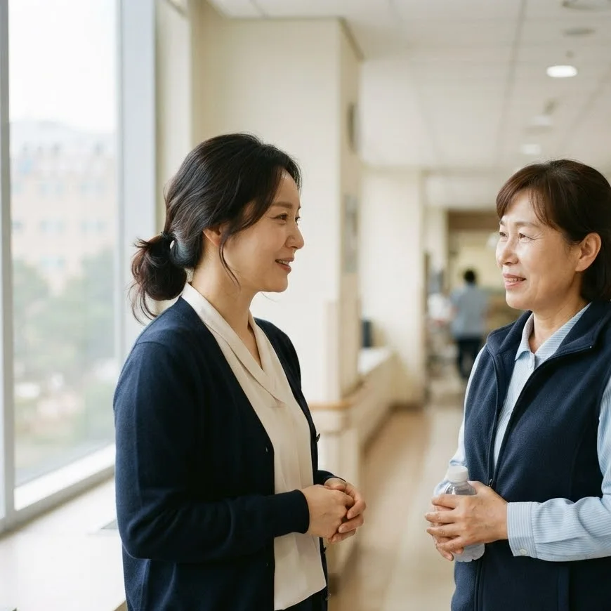 병원 복도 창가에서 보호자와 간병인이 환자 돌봄에 대해 이야기를 나누는 모습