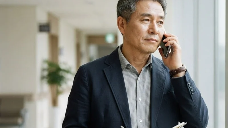 병원 복도 창가에서 보호자가 수첩을 들고 간병인과 통화하는 모습