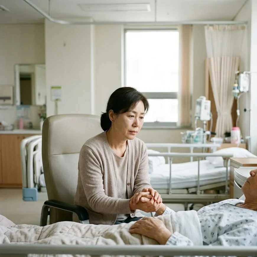 병실 침상 곁에서 환자의 손을 잡고 앉아 있는 보호자