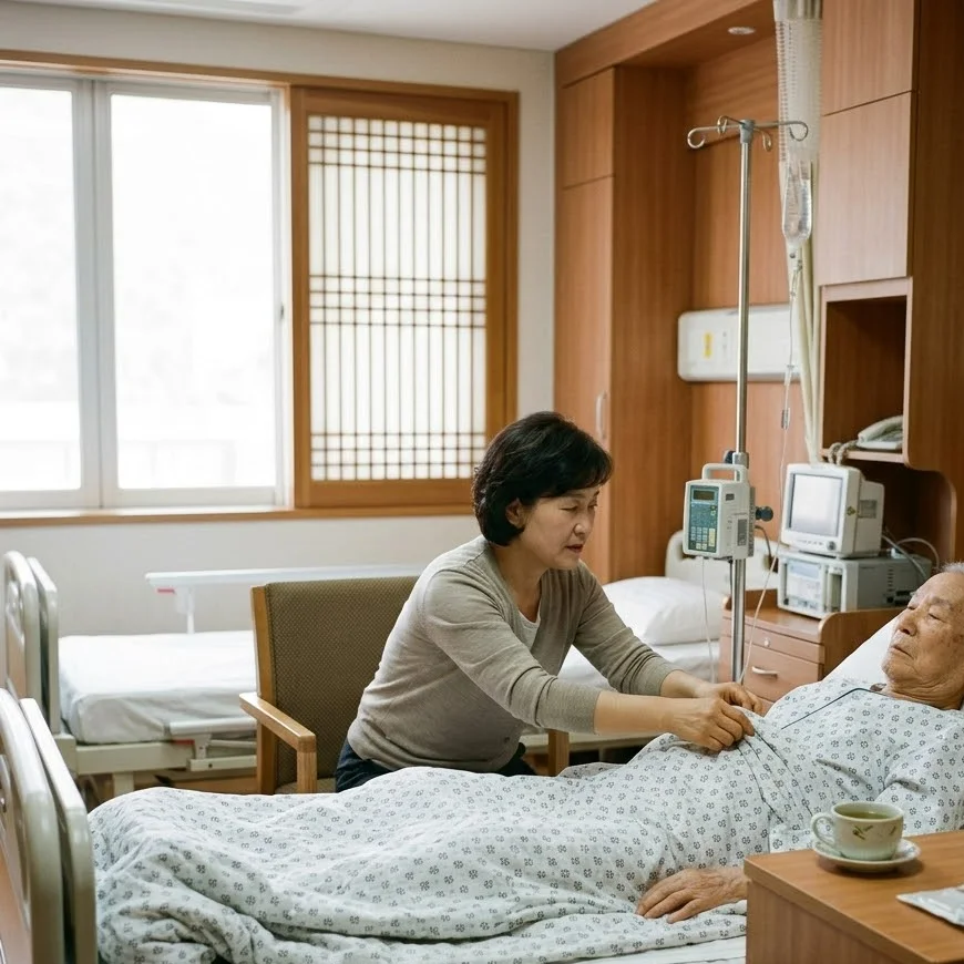 한방병원 병실에서 침대에 누운 어르신을 돌보는 가족