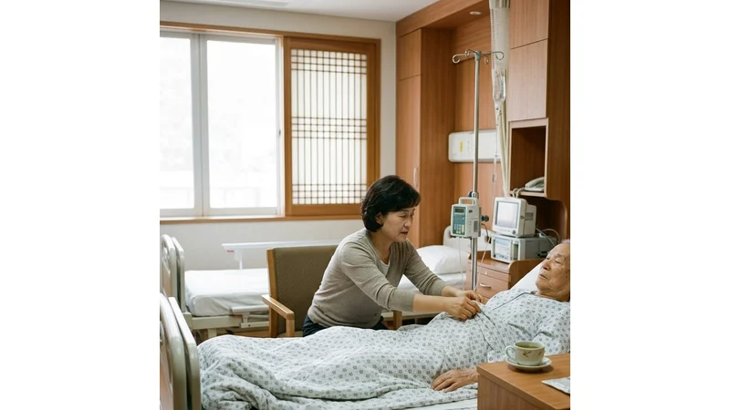 한방병원 병실에서 침대에 누운 어르신을 돌보는 가족