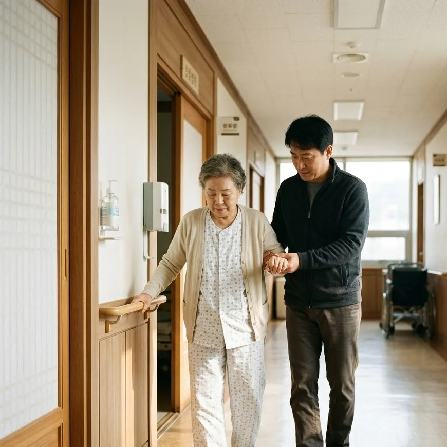 병원 복도에서 어르신의 팔을 잡고 보행을 돕는 가족